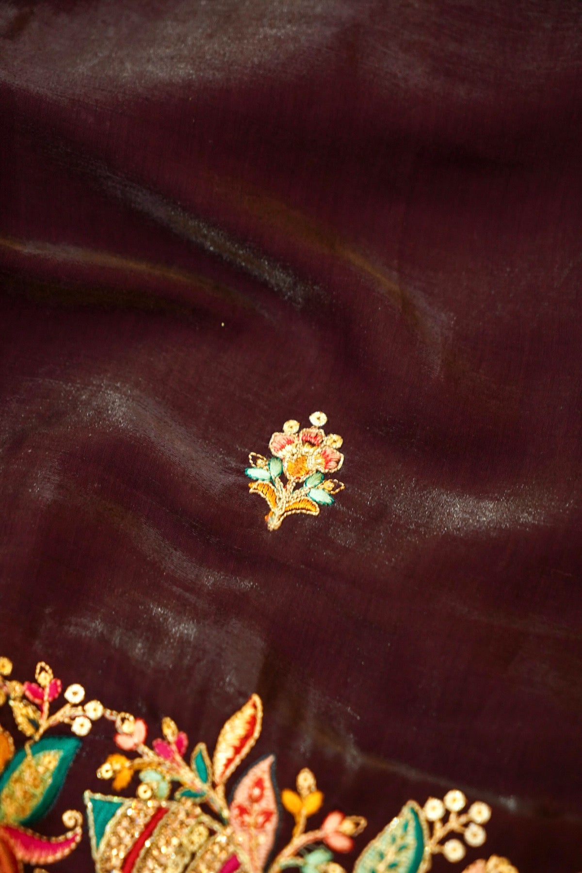 Dark Brown Bloom Embroidered Designer Saree