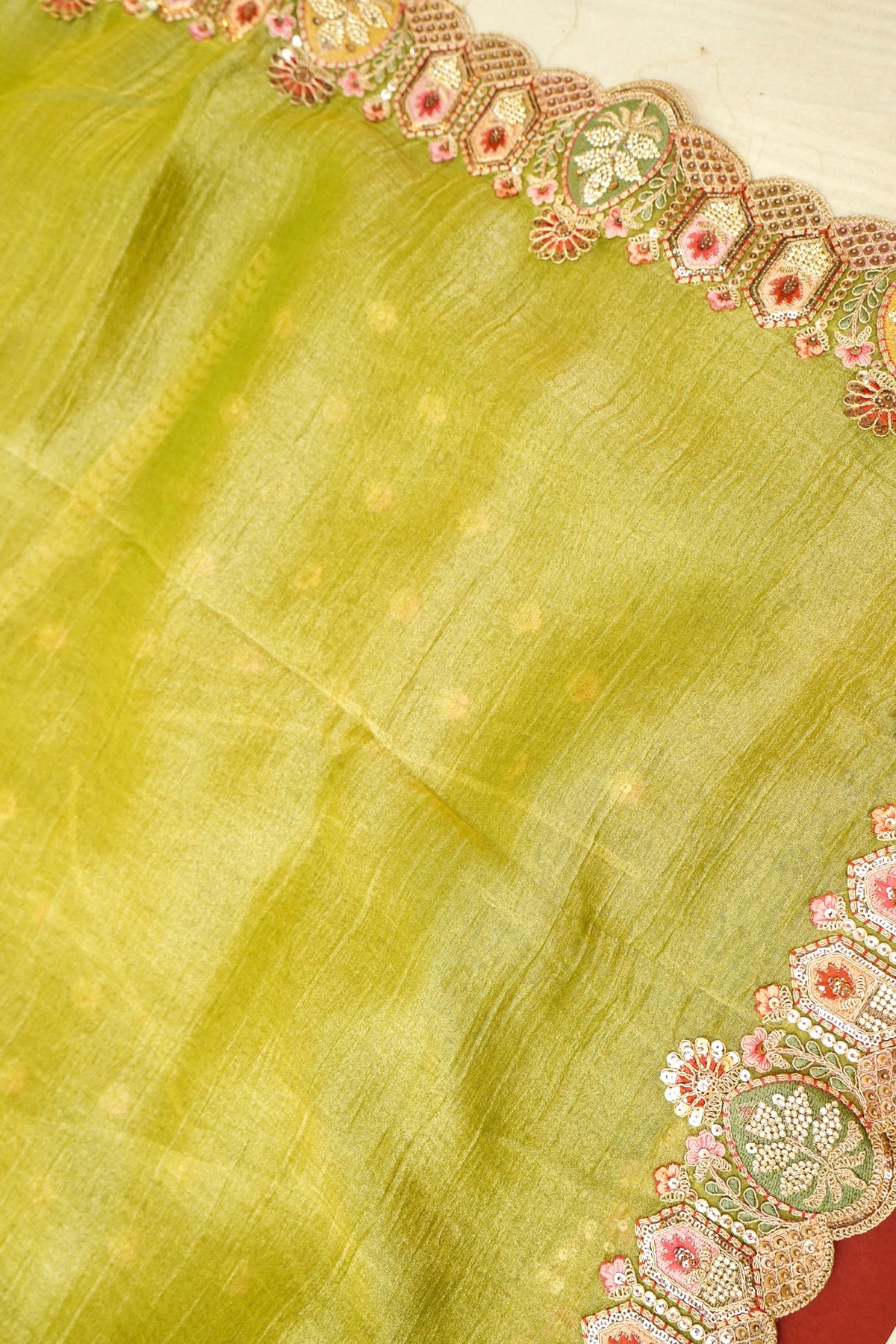 Pistachio Bloom Embroidered Designer Saree with Olive Green Blouse