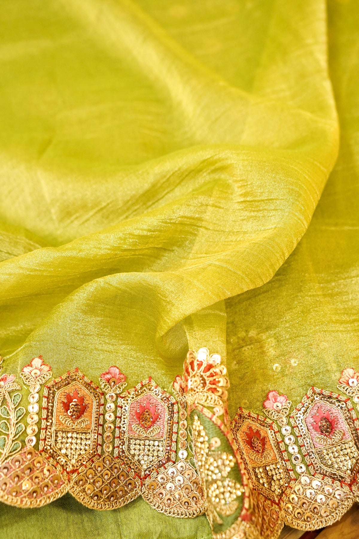 Pistachio Bloom Embroidered Designer Saree with Olive Green Blouse