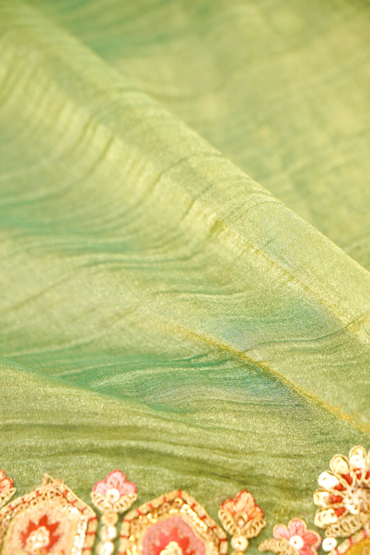 Sage Green Bloom Embroidered Designer Saree with Teal Blouse