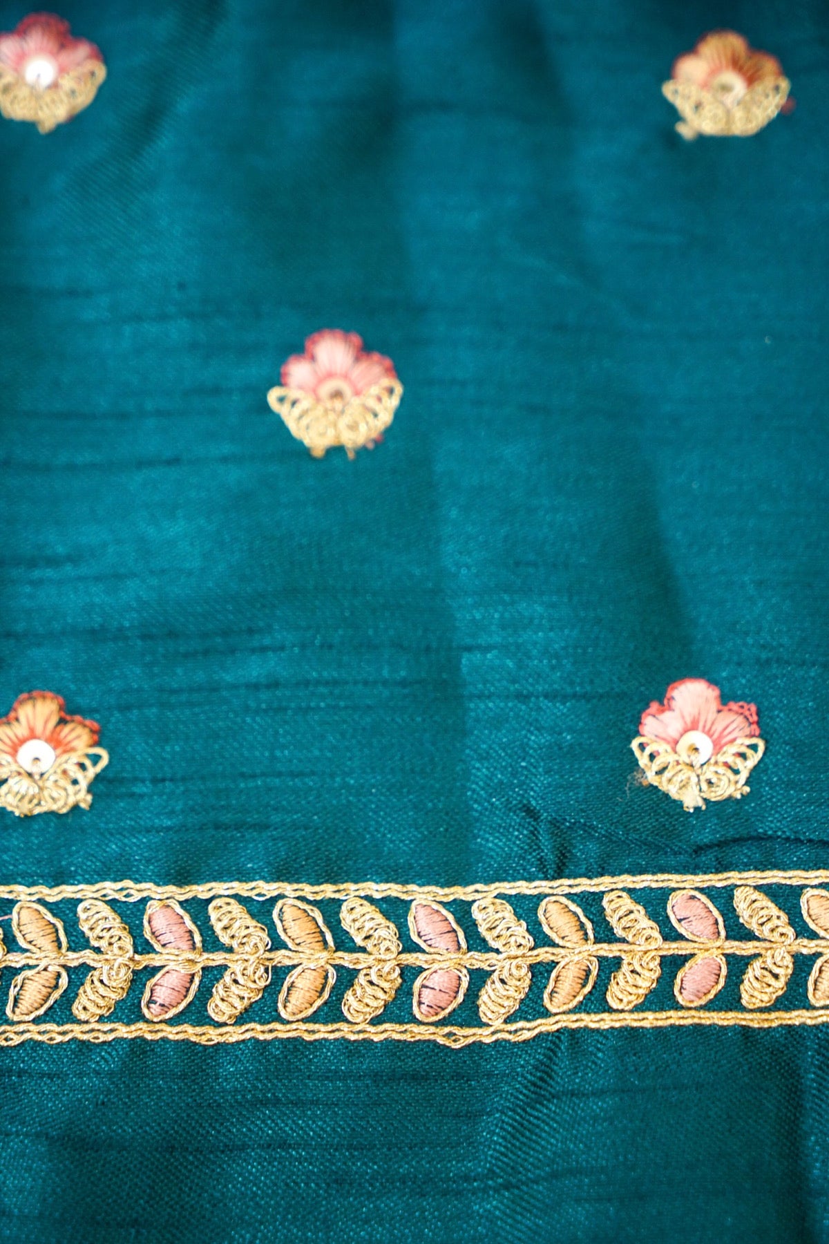 Sage Green Bloom Embroidered Designer Saree with Teal Blouse