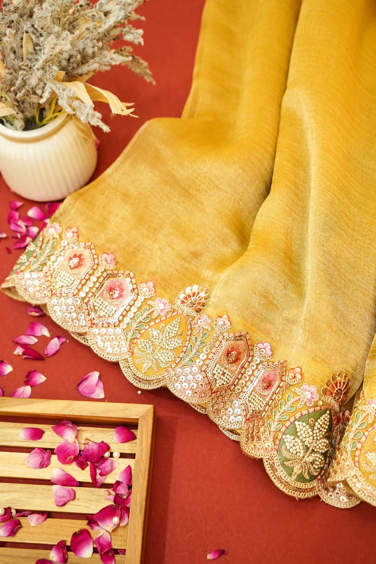 Mustard Yellow Bloom Embroidered Designer Saree with Wine Blouse