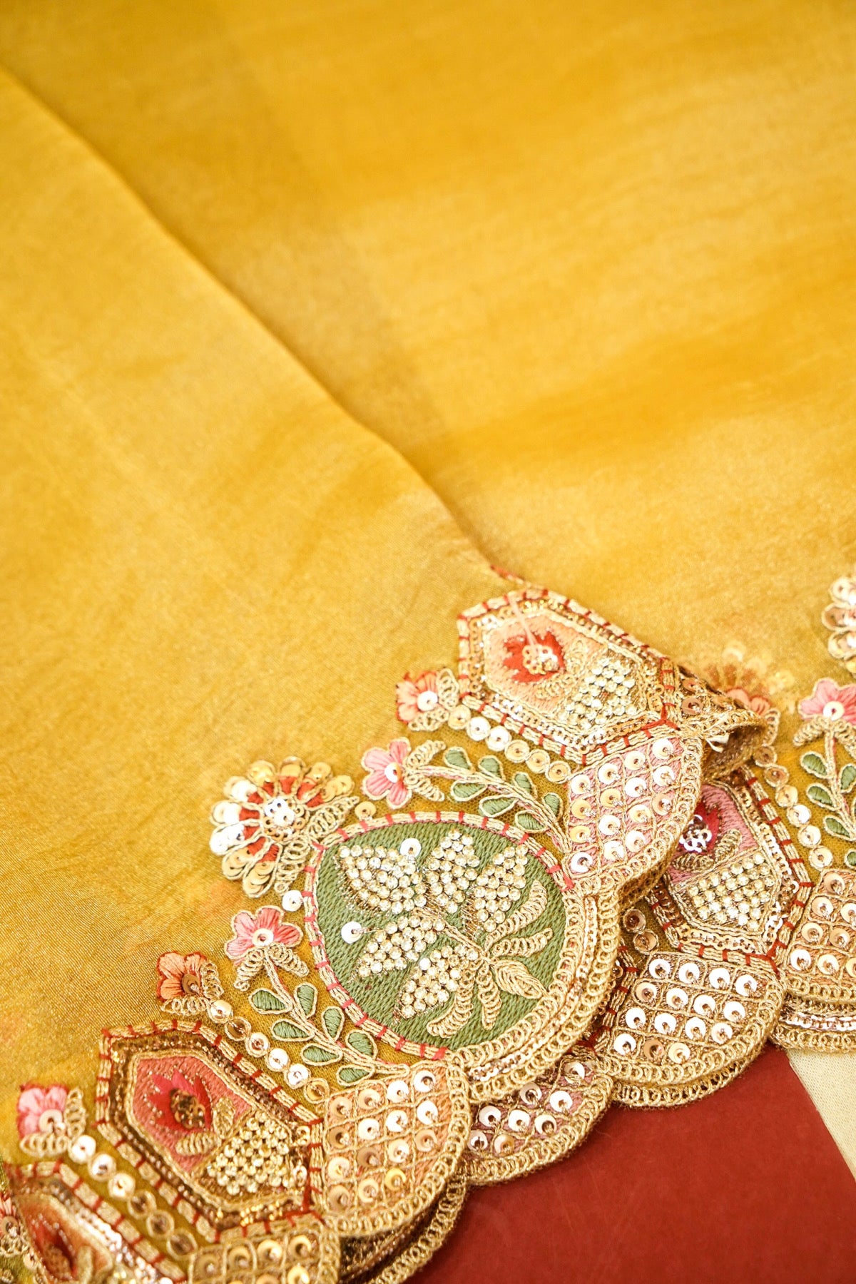 Mustard Yellow Bloom Embroidered Designer Saree with Wine Blouse