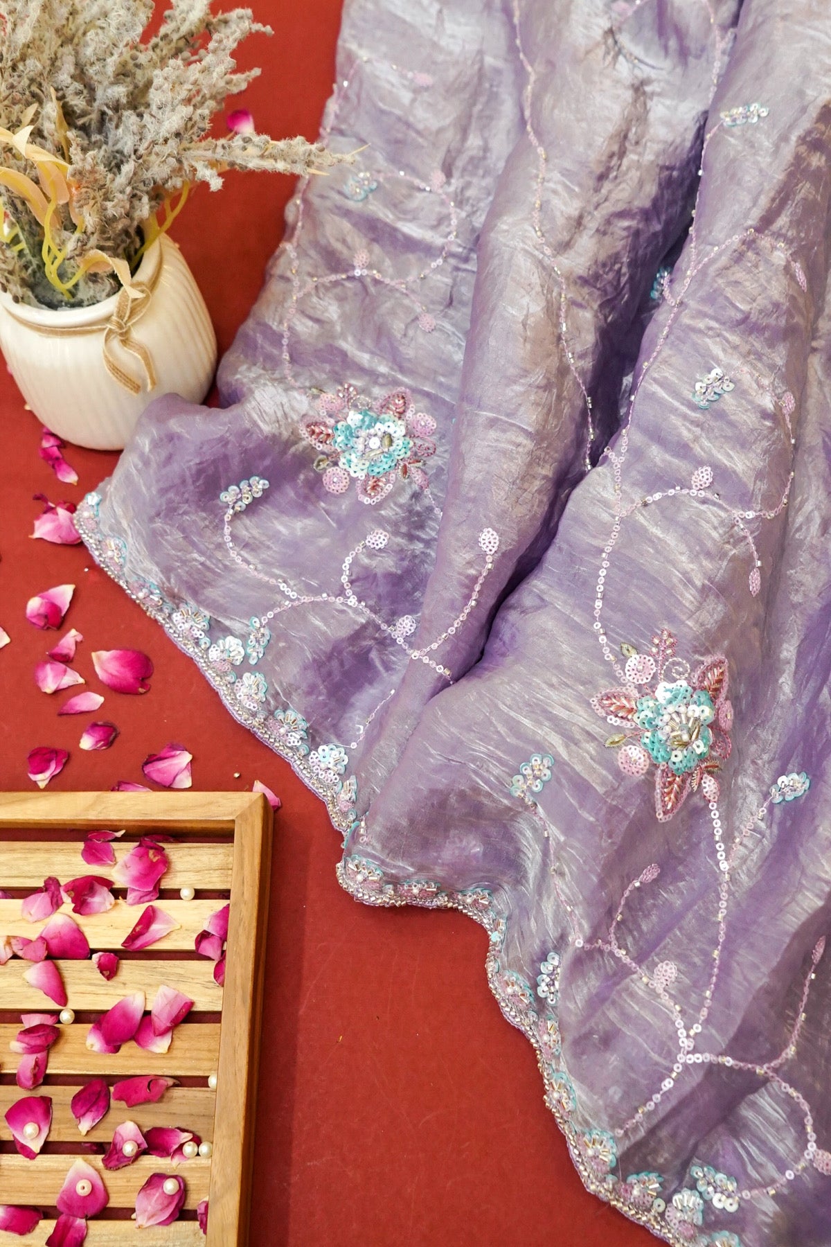 Lavender Lilac Blossom Trail Sequin Work Designer Saree