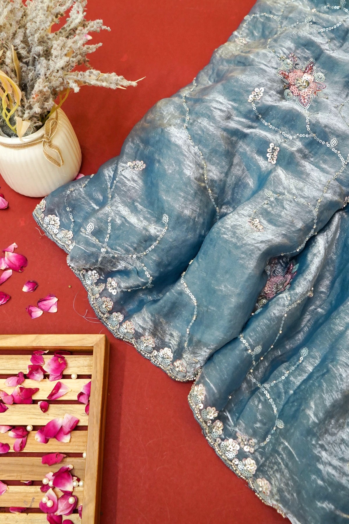Dusty Blue Blossom Trail Sequin Work Designer Saree