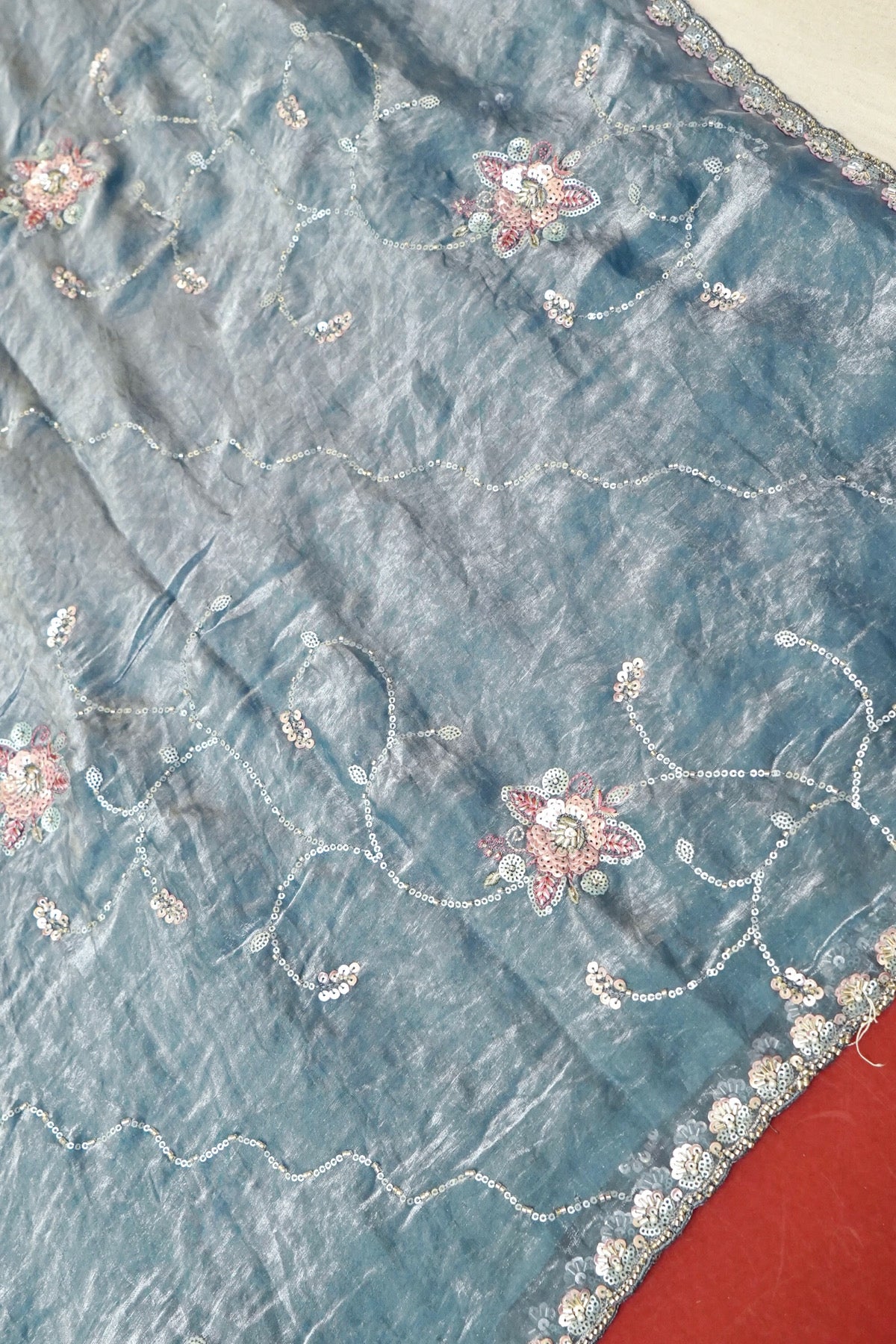 Dusty Blue Blossom Trail Sequin Work Designer Saree