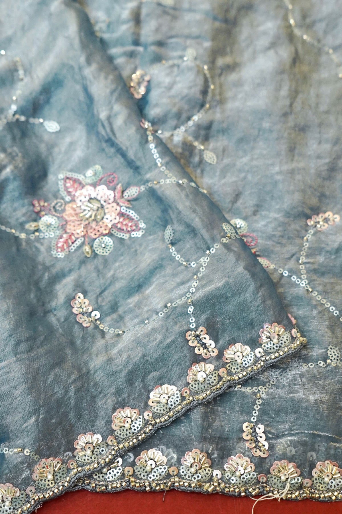 Dusty Blue Blossom Trail Sequin Work Designer Saree