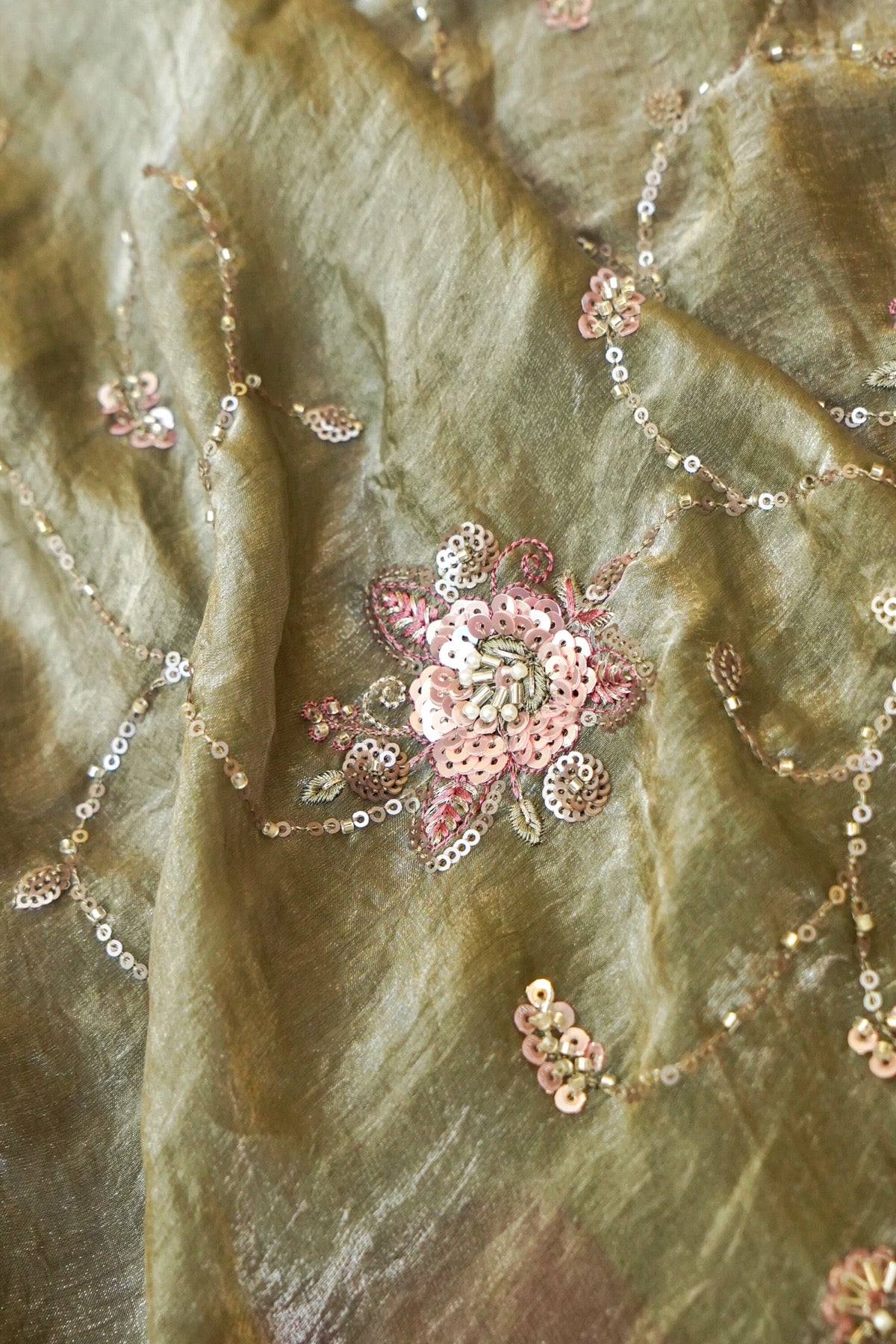 Olive Sage Blossom Trail Sequin Work Designer Saree