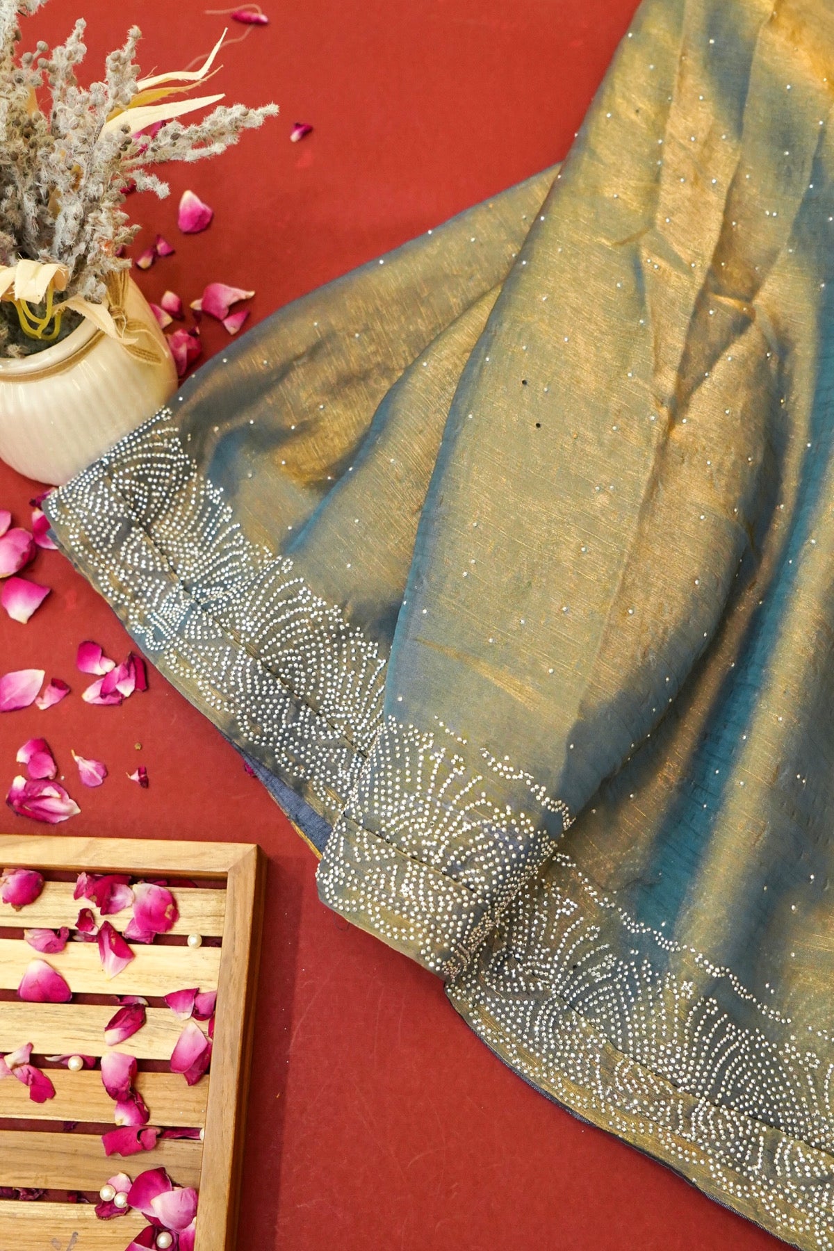 Moonstone Stardust Rhinestone Border Designer Silk Saree