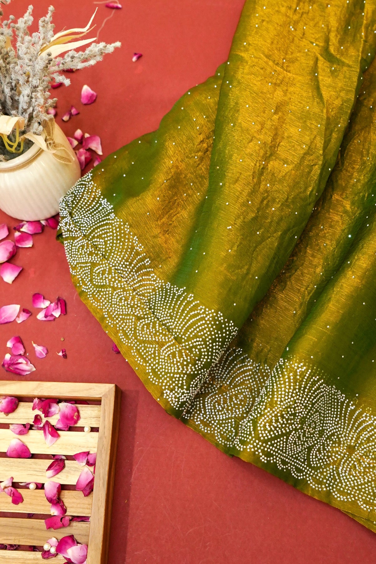 Olive Green Stardust Rhinestone Border Designer Silk Saree