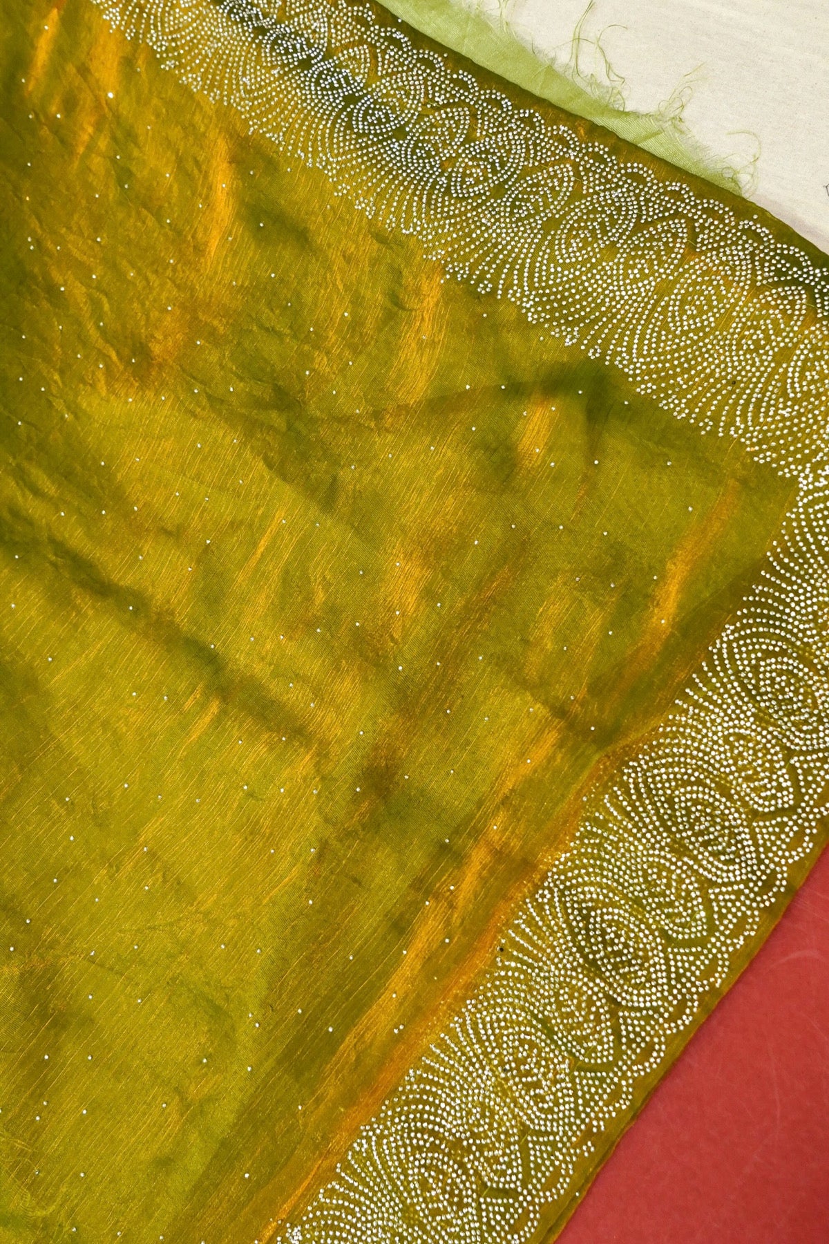 Olive Green Stardust Rhinestone Border Designer Silk Saree