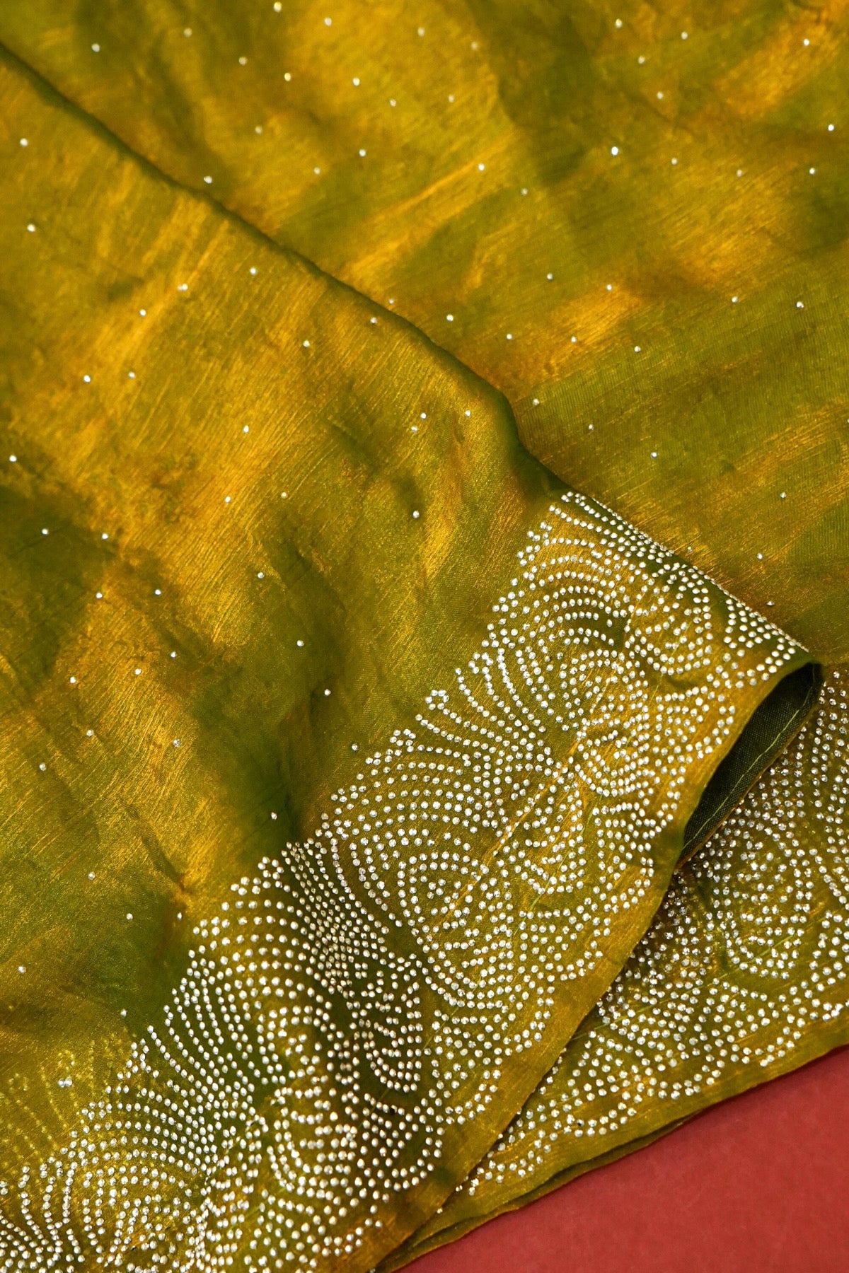 Olive Green Stardust Rhinestone Border Designer Silk Saree