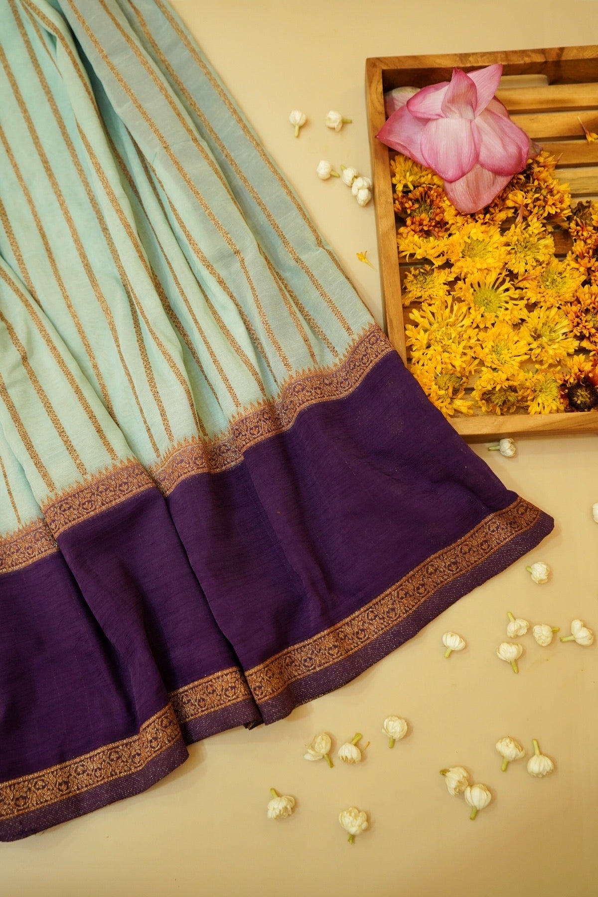 Regal Stripes Chinon Silk Saree with Stitched Blouse in Mint Green