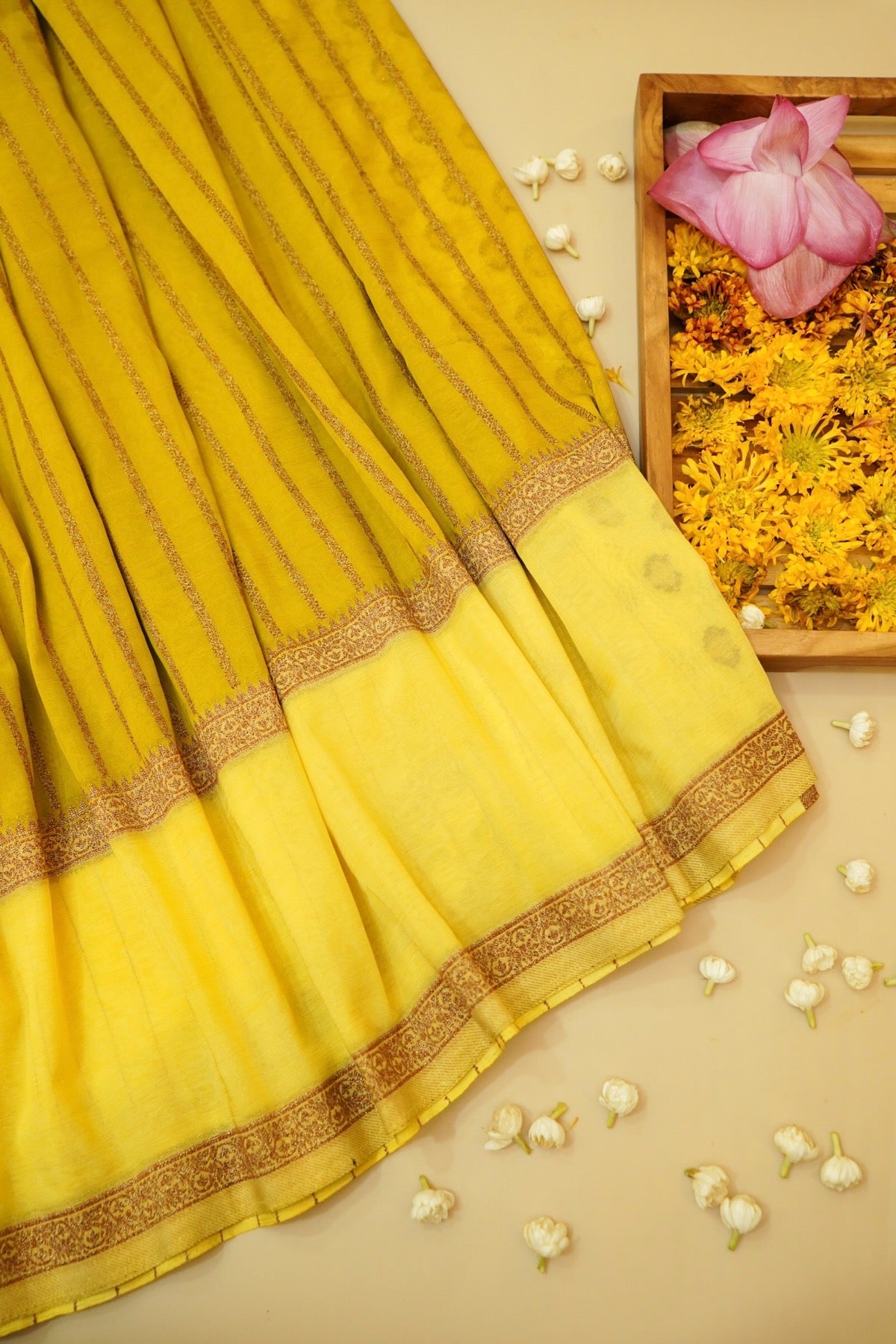 Regal Stripes Chinon Silk Saree with Stitched Blouse in Mustard Yellow