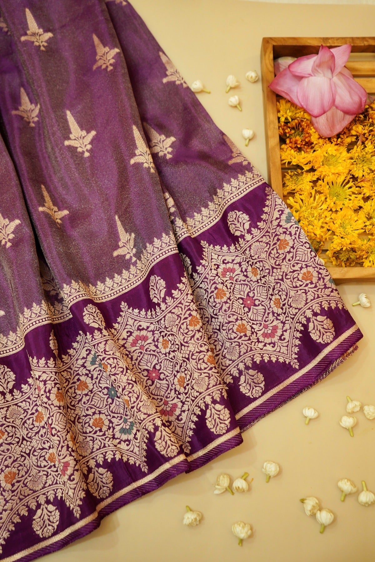 Deep Purple Tissue Silk Saree with Artistic Floral Border