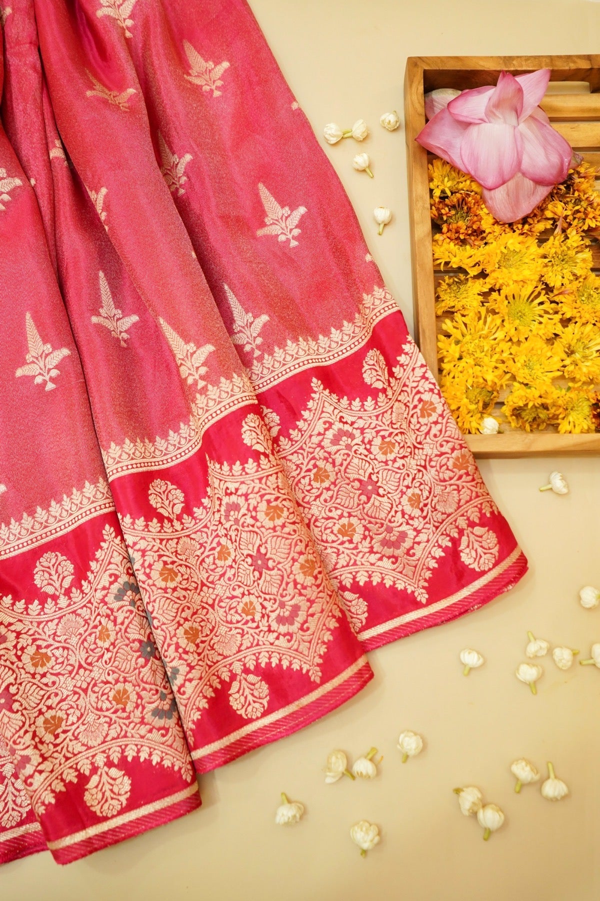 Rose Pink Tissue Silk Saree with Artistic Floral Border