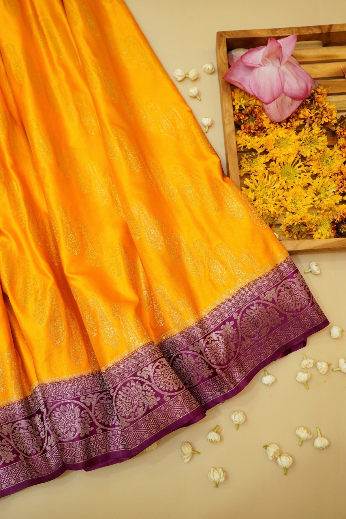 Classic Mustard Yellow Satin Mashru Silk Saree with Purple Border