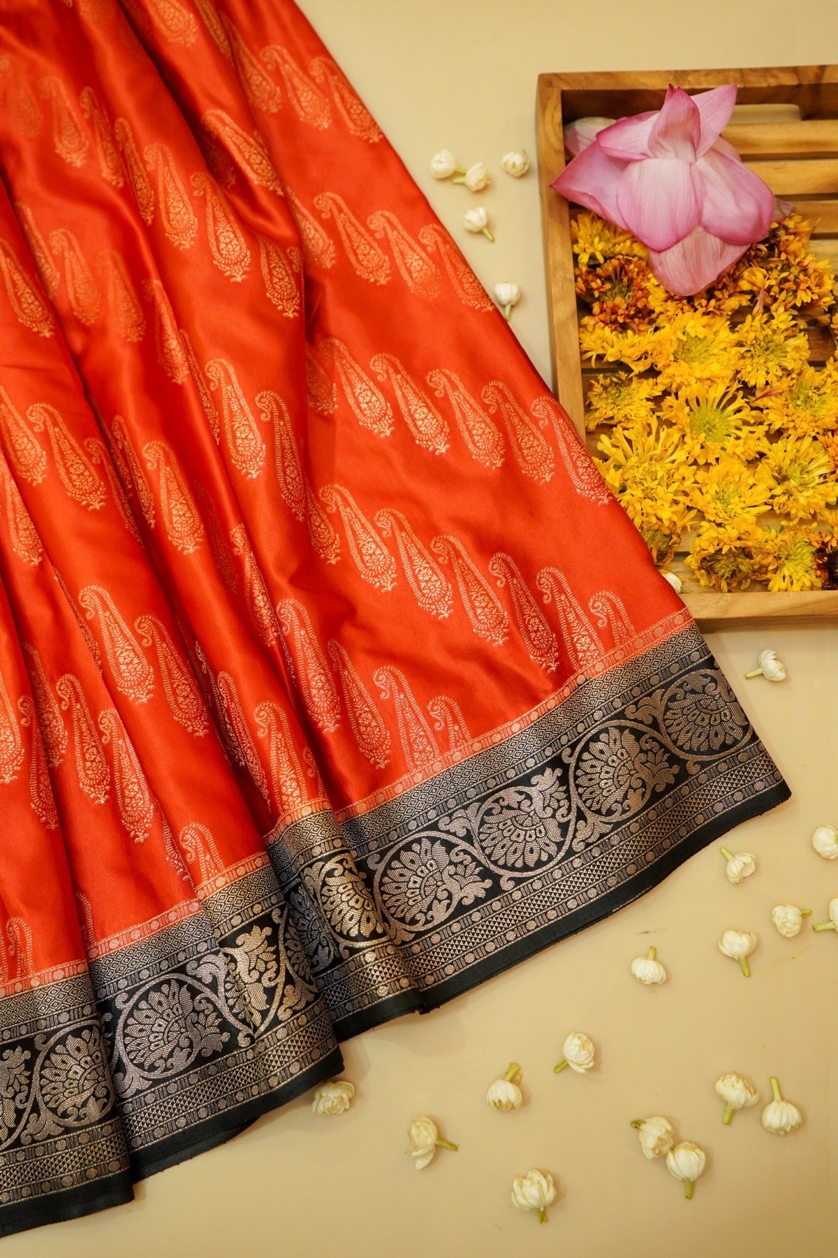 Classic Vermilion Orange Satin Mashru Silk Saree with Black Border