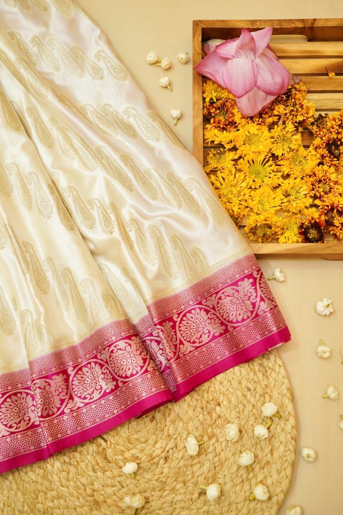 Classic Ivory Satin Mashru Silk Saree with Pink Border