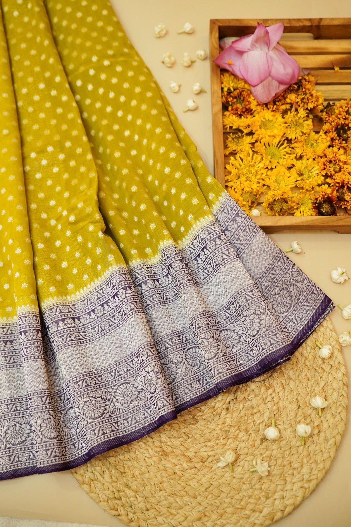 Mustard Yellow Khaddi Georgette Pure Banarasi Saree with Contrast Purple Border