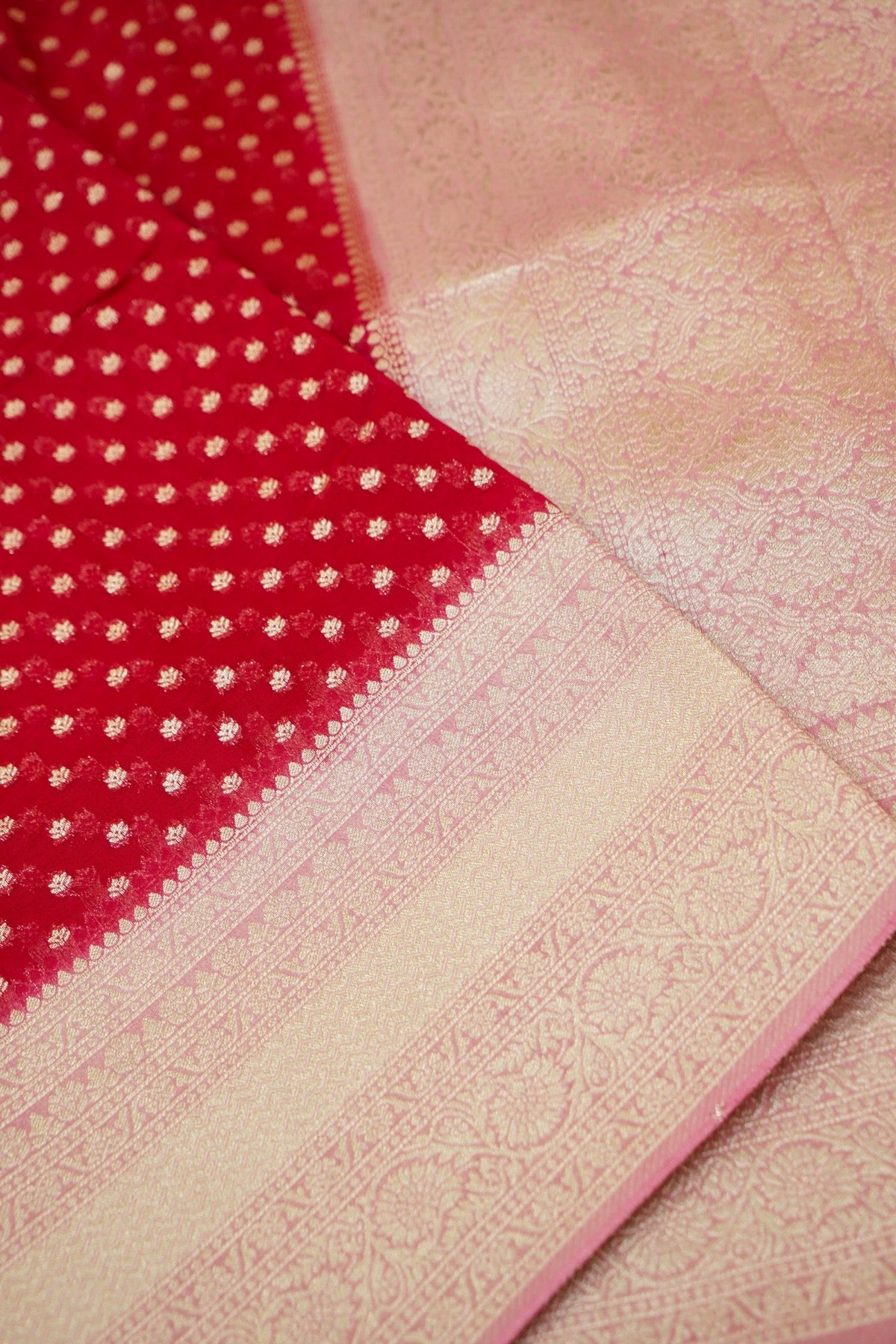 Deep Red Khaddi Georgette Pure Banarasi Saree with Rani Pink and Champagne Zari Border
