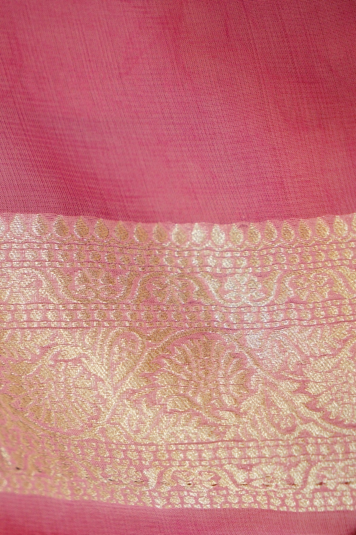 Deep Red Khaddi Georgette Pure Banarasi Saree with Rani Pink and Champagne Zari Border