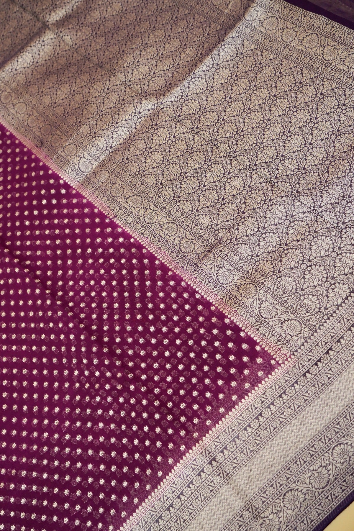 Orchid Purple Khaddi Georgette Pure Banarasi Saree with Contrast Smoky Lavender Grey Border