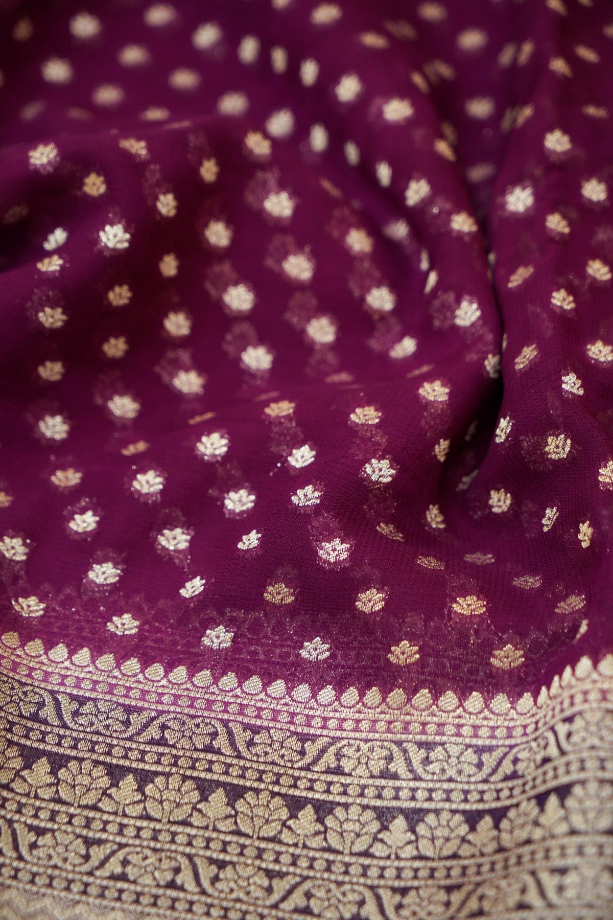Orchid Purple Khaddi Georgette Pure Banarasi Saree with Contrast Smoky Lavender Grey Border