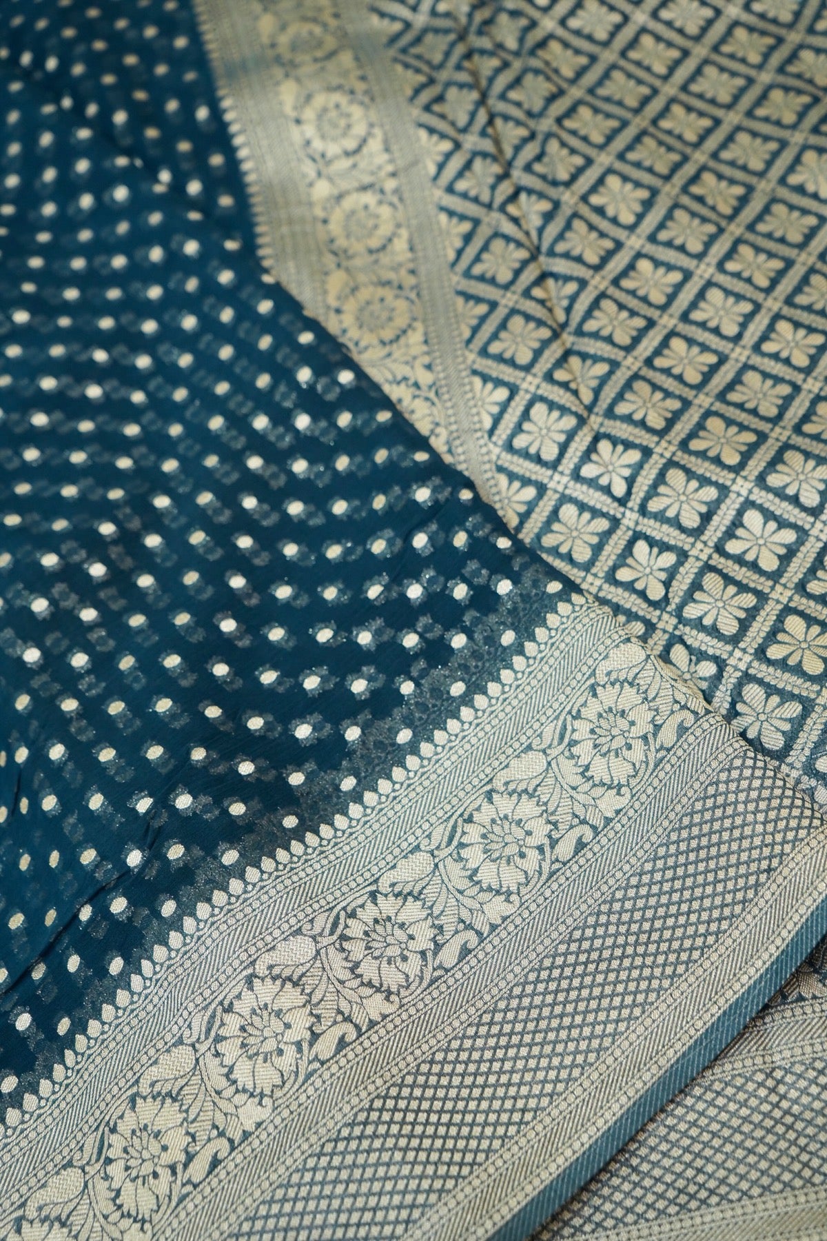 Deep Teal Blue Khaddi Georgette Pure Banarasi Saree with Champagne Zari Border
