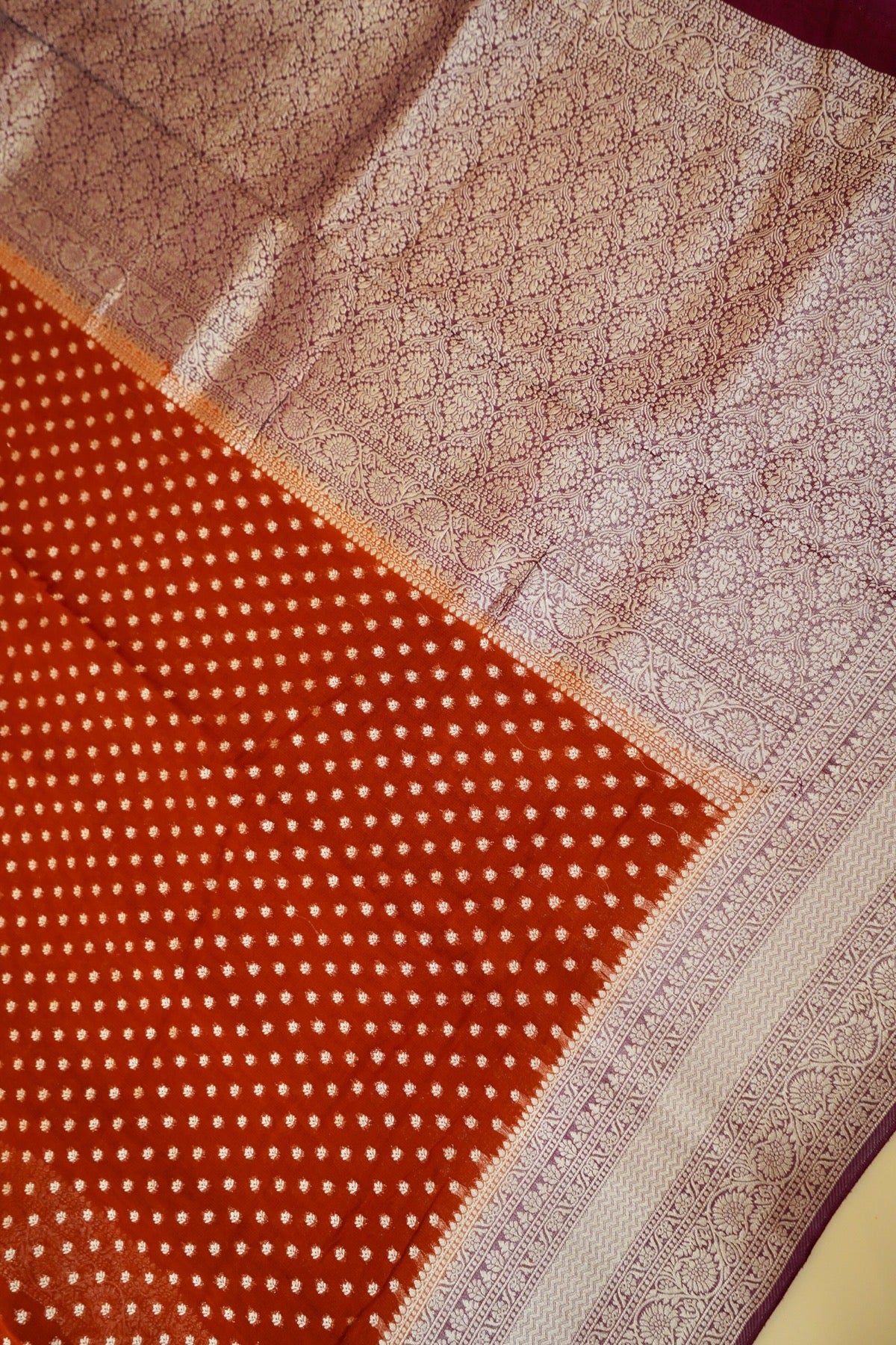 Burnt Orange Khaddi Georgette Pure Banarasi Saree with Contrast Mauve Grey Border
