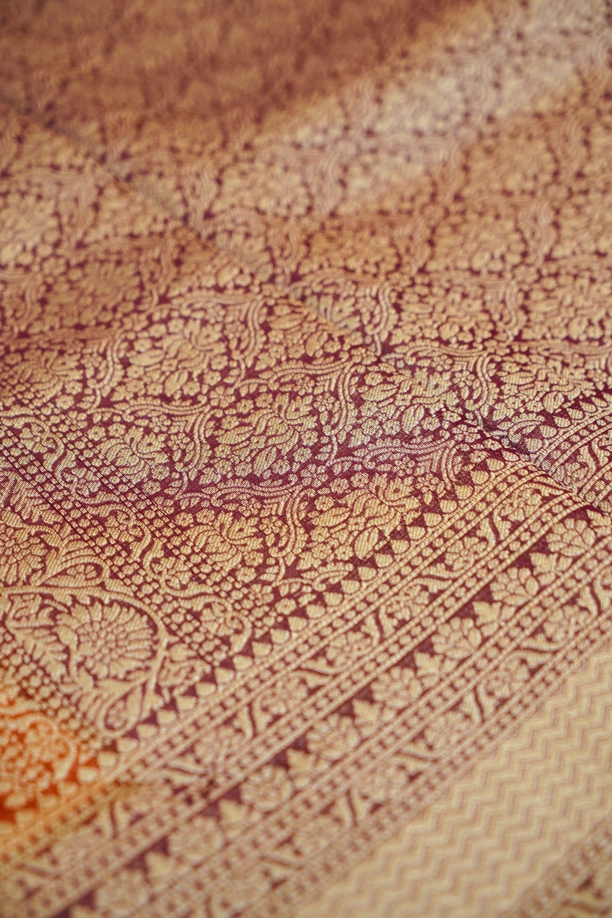 Burnt Orange Khaddi Georgette Pure Banarasi Saree with Contrast Mauve Grey Border