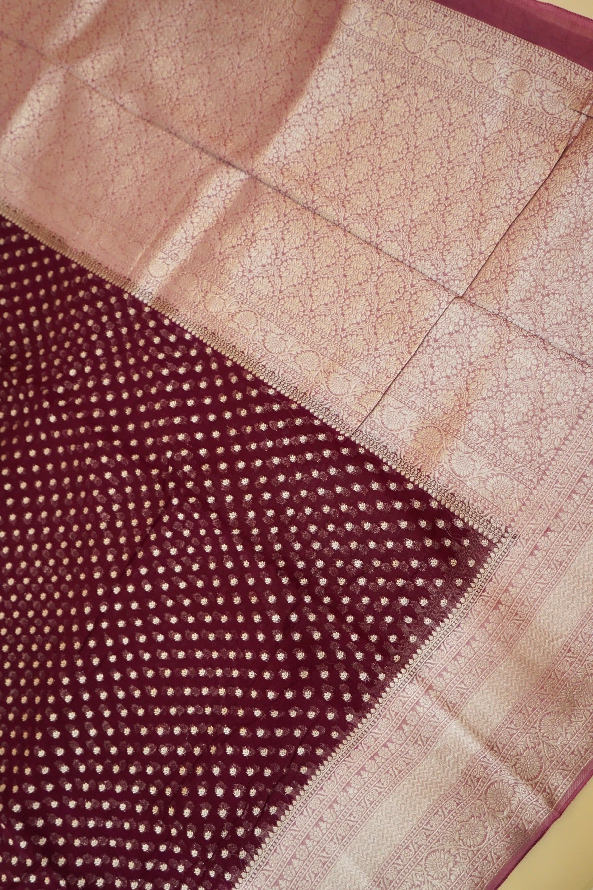 Deep Wine Purple Khaddi Georgette Pure Banarasi Saree with Contrast Dusty Rose Border