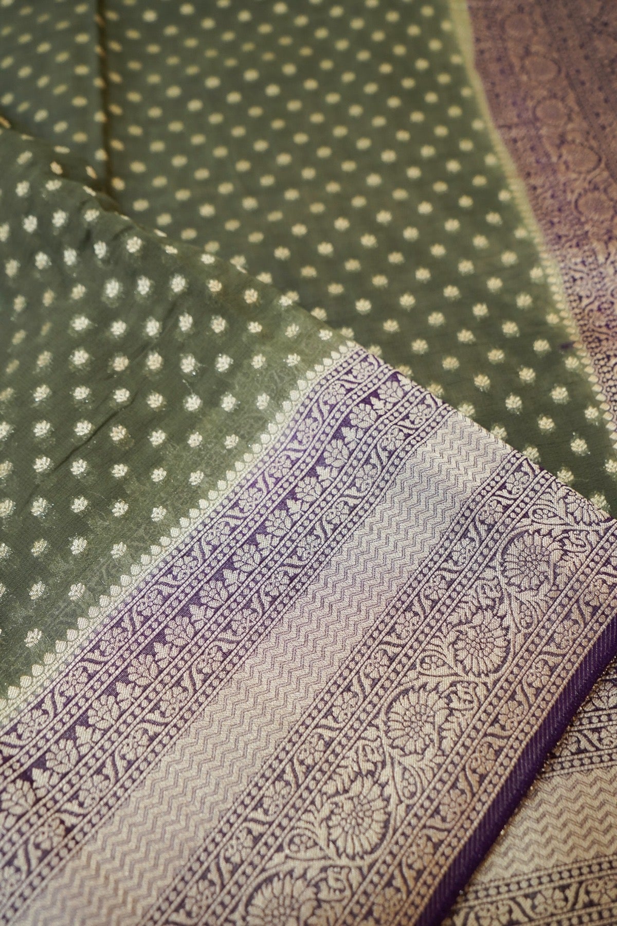 Dusty Sage Green Khaddi Georgette Pure Banarasi Saree with Contrast Royal Purple Border