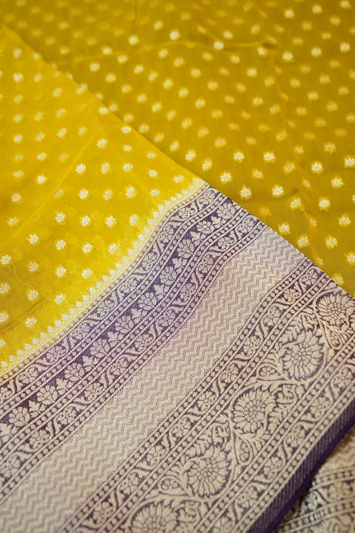Mustard Yellow Khaddi Georgette Pure Banarasi Saree with Contrast Purple Border