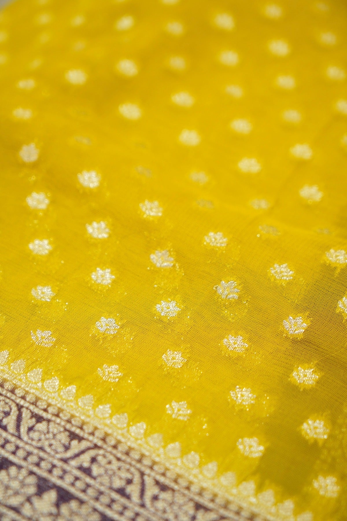 Mustard Yellow Khaddi Georgette Pure Banarasi Saree with Contrast Purple Border