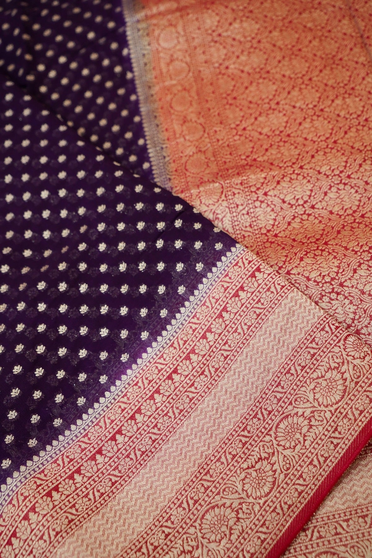 Deep Royal Purple Khaddi Georgette Pure Banarasi Saree with Contrast Rose Red Border