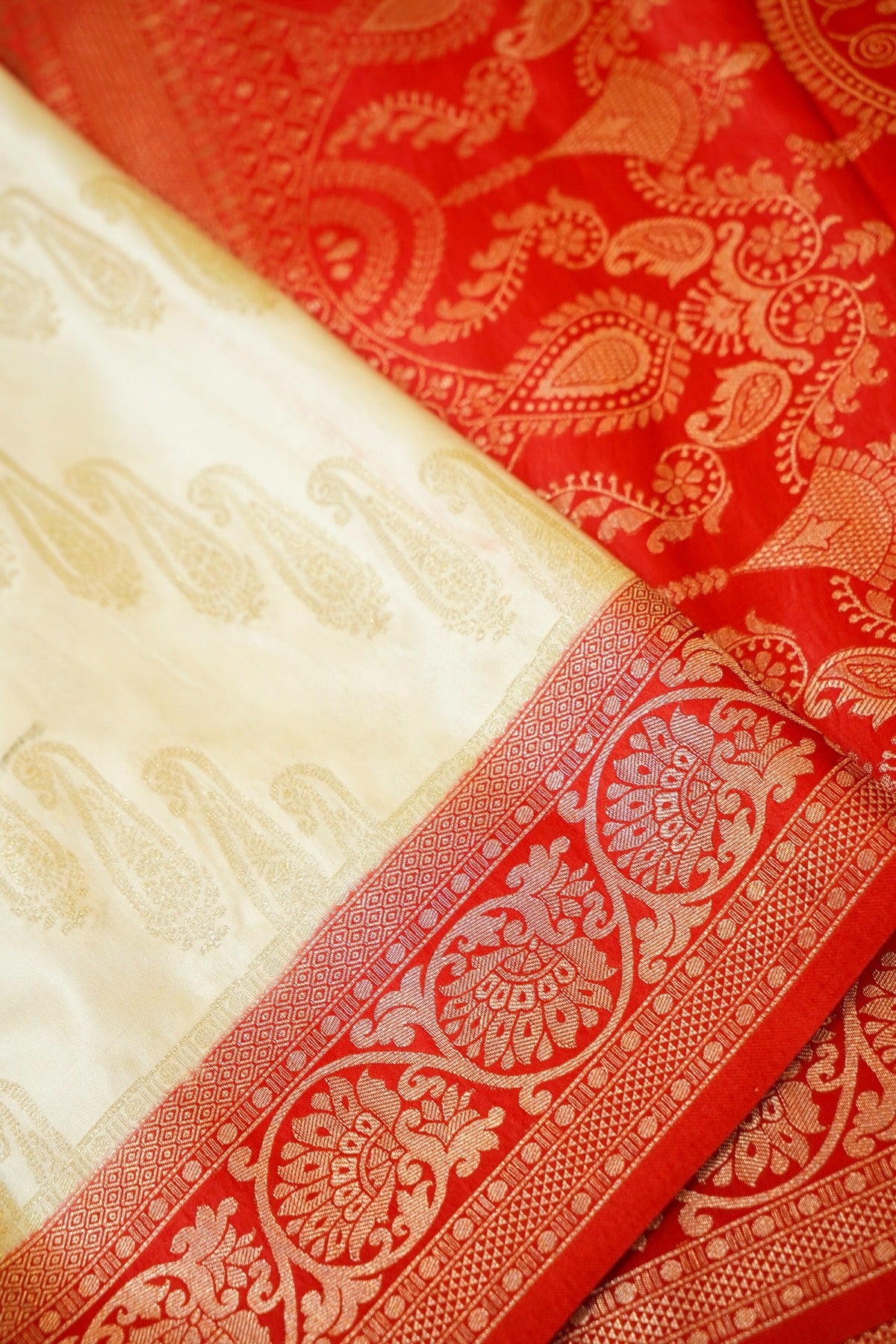 Classic Ivory Satin Mashru Silk Saree with Red Border