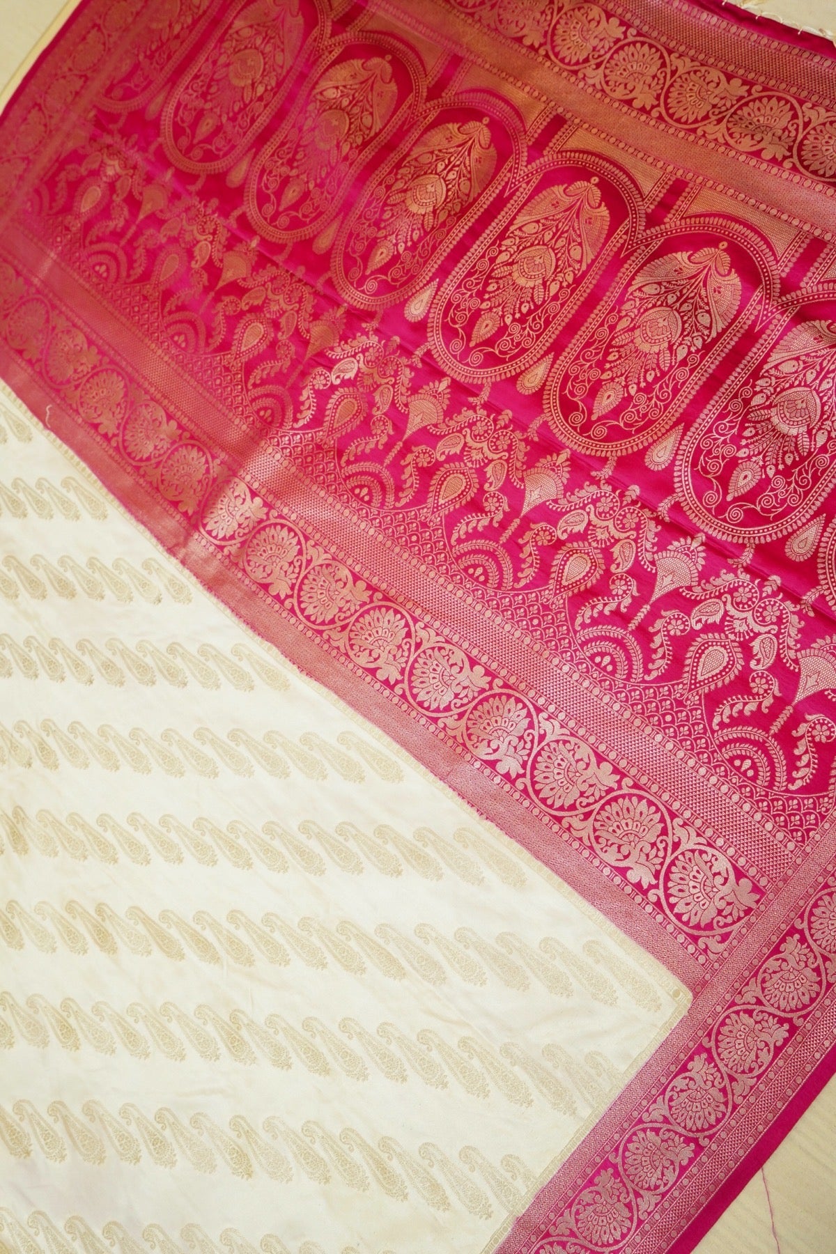 Classic Ivory Satin Mashru Silk Saree with Pink Border