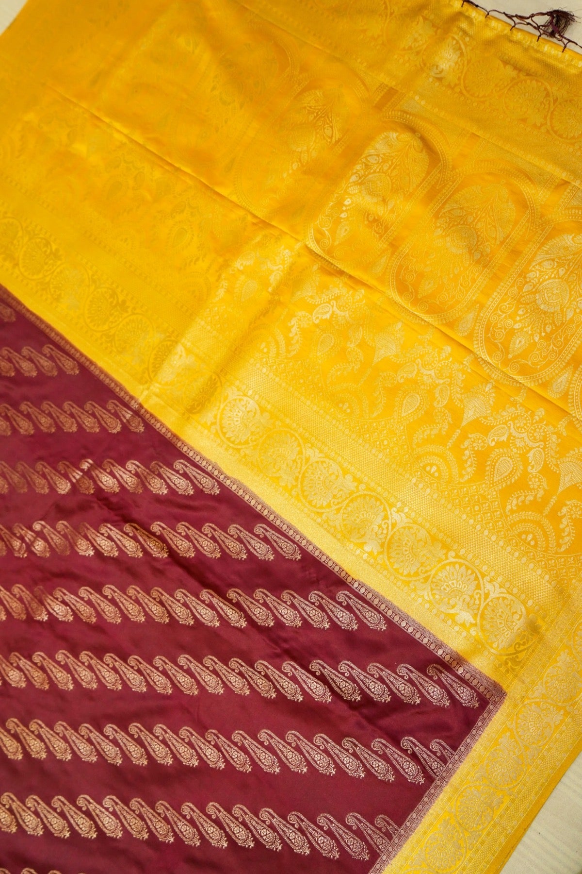 Classic Wine Satin Mashru Silk Saree with Mustard Border