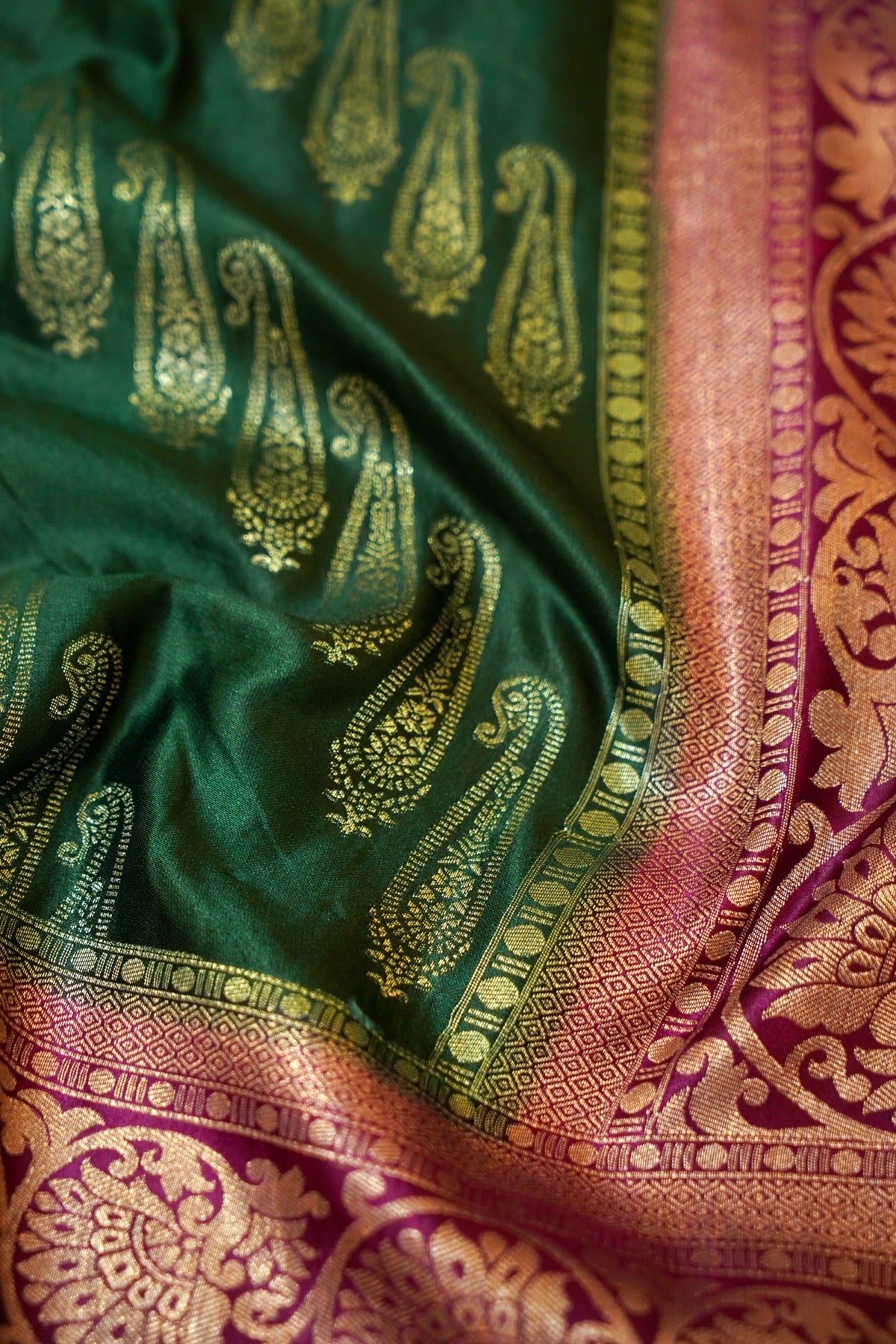 Classic Bottle Green Satin Mashru Silk Saree with Purple Border