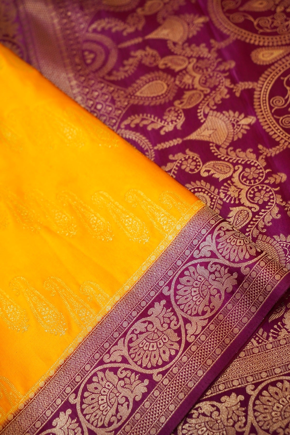Classic Mustard Yellow Satin Mashru Silk Saree with Purple Border