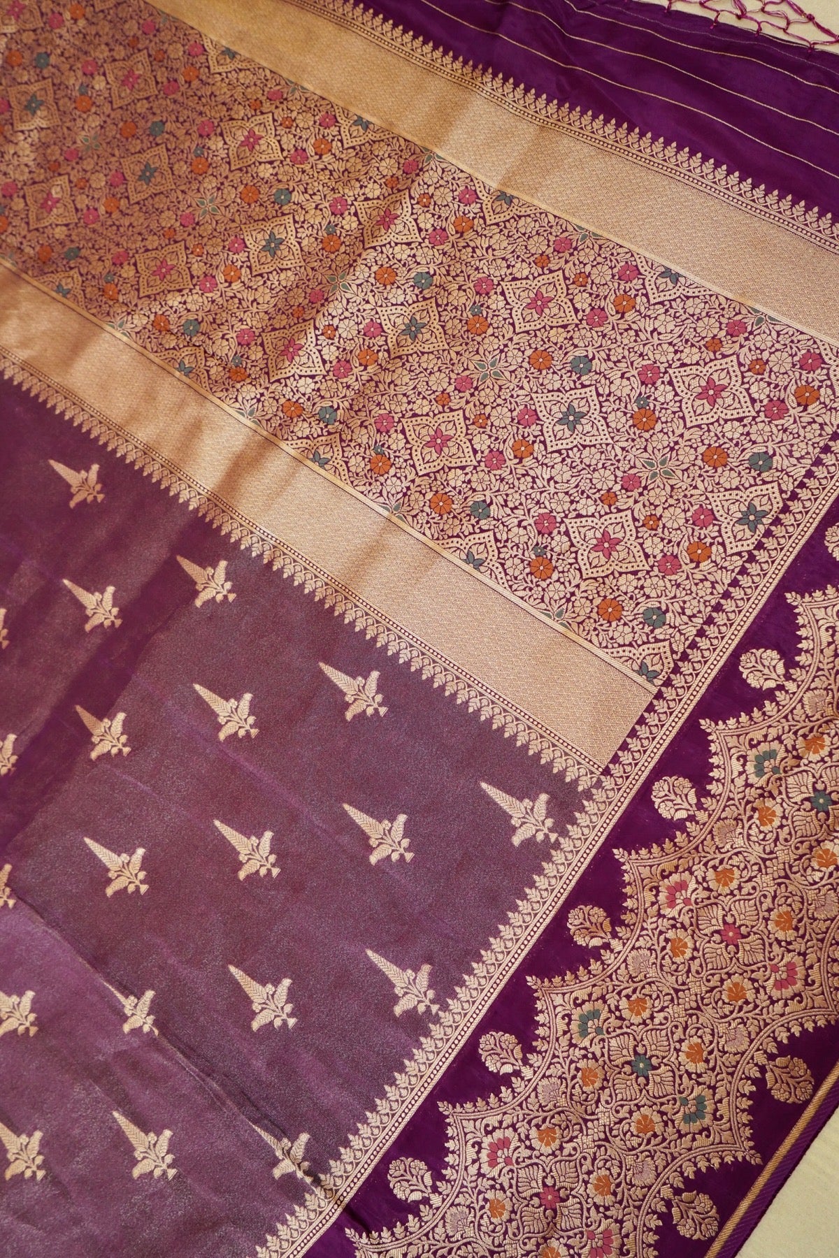 Deep Purple Tissue Silk Saree with Artistic Floral Border