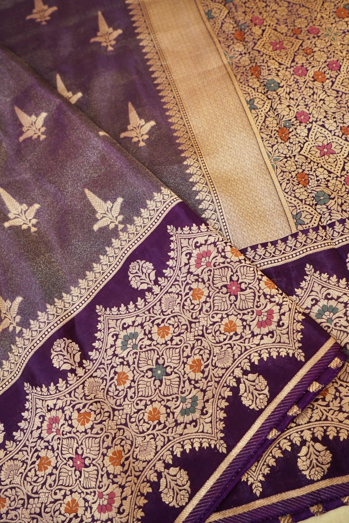 Deep Blue Tissue Silk Saree with Artistic Floral Border