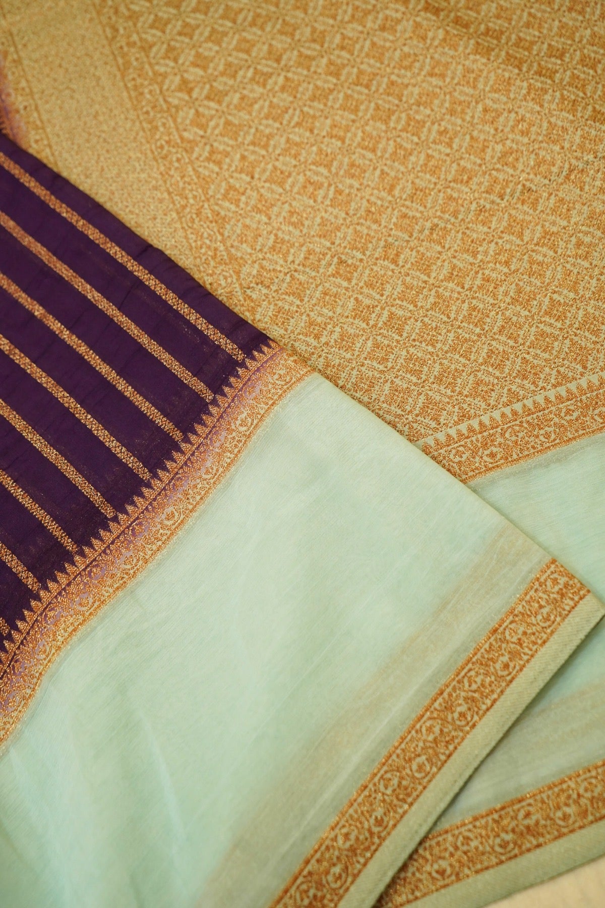 Regal Stripes Chinon Silk Saree with Stitched Blouse in Deep Purple