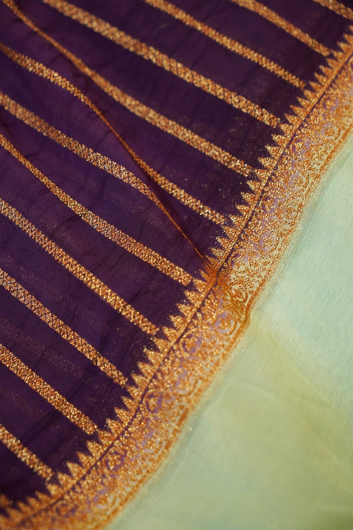 Regal Stripes Chinon Silk Saree with Stitched Blouse in Deep Purple