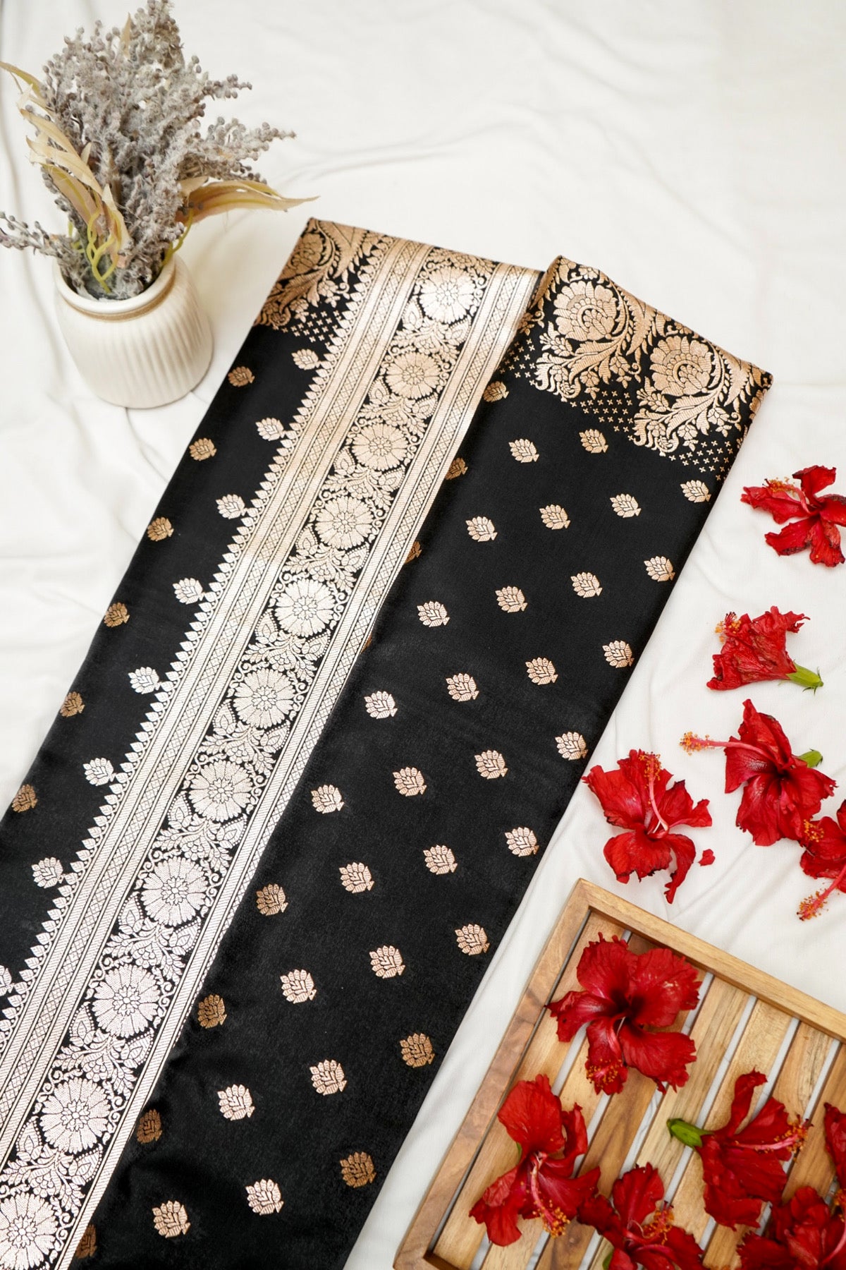 Royal Black Banarasi Silk Saree with Golden Zari Weave