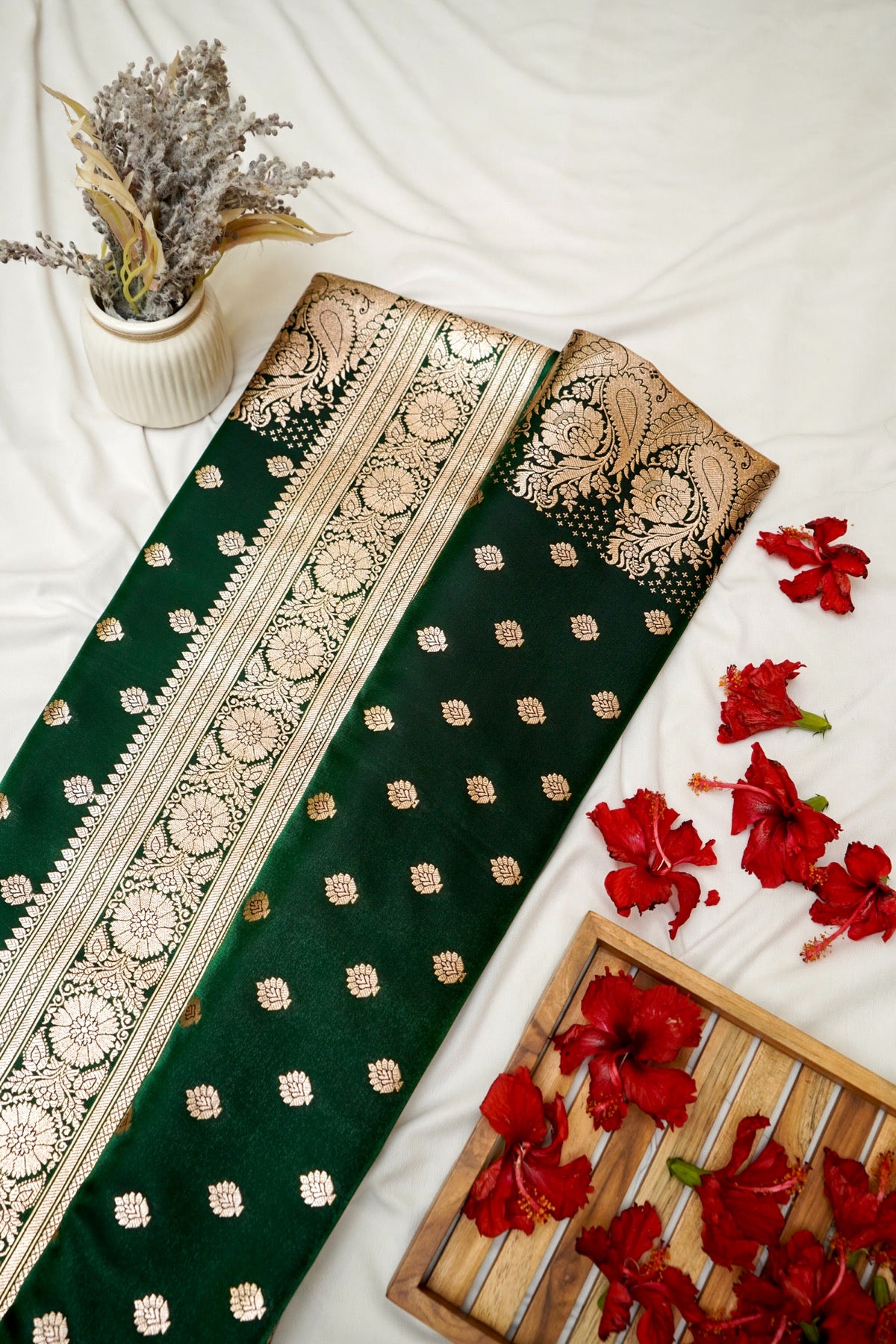 Royal Bottle Green Banarasi Silk Saree with Golden Zari Weave