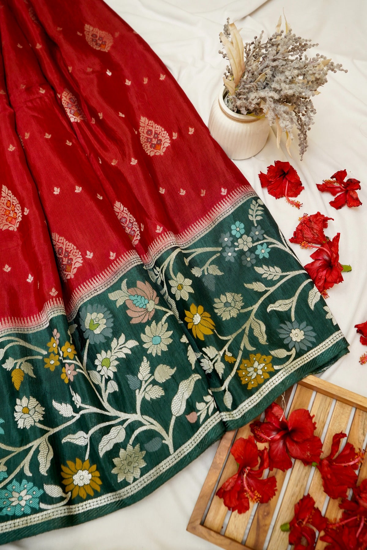 Classic Red Raw Silk Saree with Floral Deep Teal Border