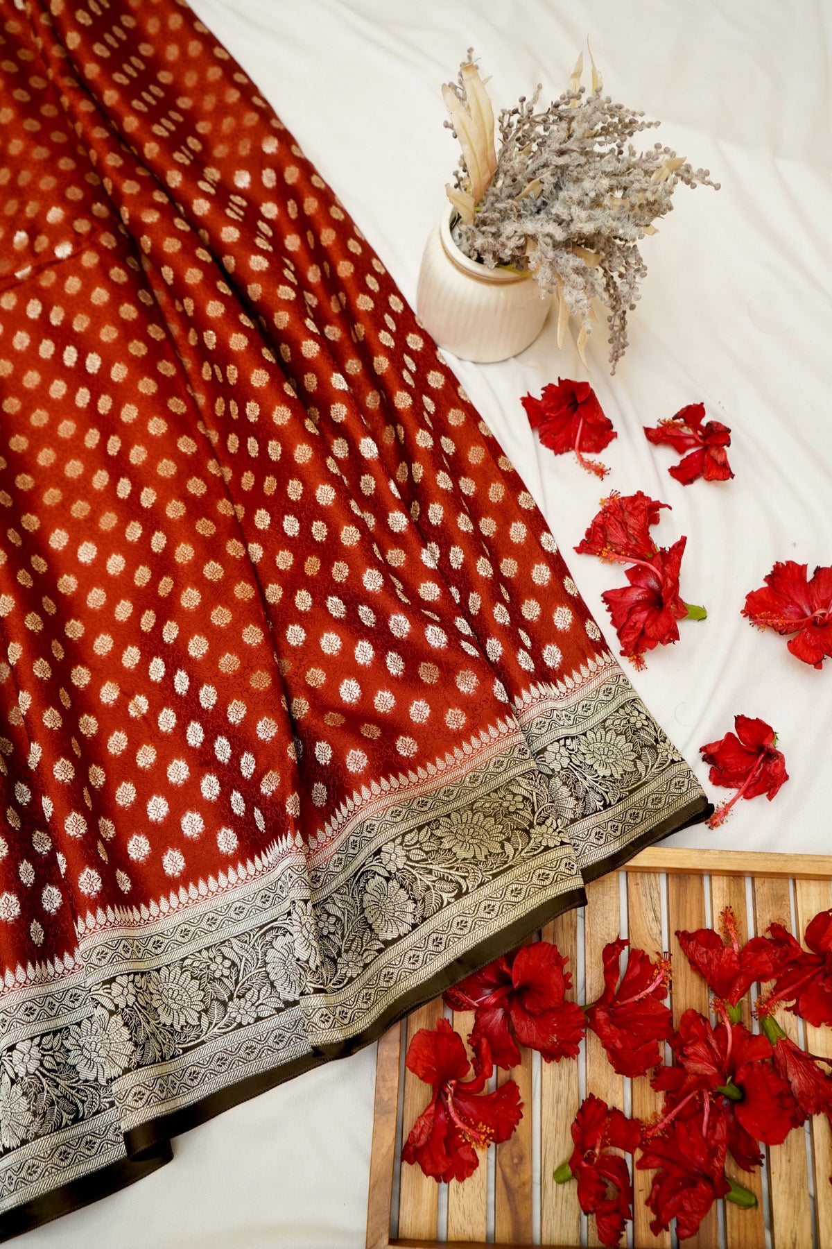 Rust Red Banarasi Dola Silk Saree with Stitched Blouse