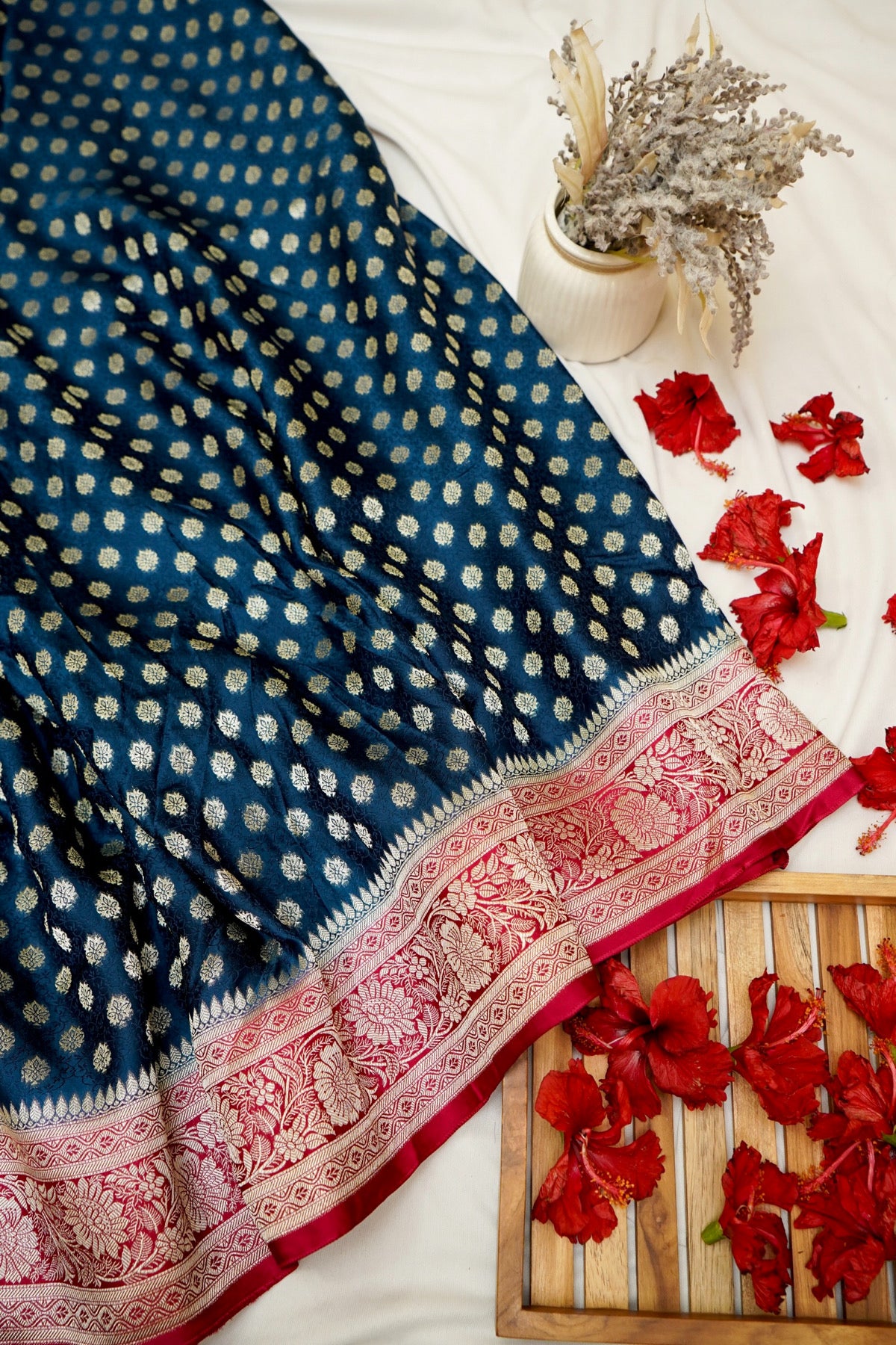 Teal Blue Banarasi Dola Silk Saree with Stitched Blouse